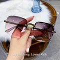 Frameless square sunglasses featuring top grey and bottom pink gradient tinted lenses - 1607 Gray to Pink Gradient