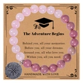 Pink quartz and rhodonite beaded bracelet with silver compass charm on a gift card - Adventure Begins / Rose Quartz