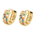 Golden C-shaped hoop earrings with colorful cubic zirconia stones on white background - Gold Pave Colorful Zirconia Style (E00747GC)