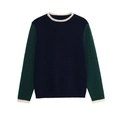 Maglione in maglia a girocollo blu navy e verde scuro con finiture a coste bianche classiche - S / Contrasto Blu Navy e Verde Scuro