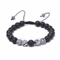 8mm natural black lava stone beaded bracelet with adjustable woven rope for women and men - Black Lava Stone with Black White Striped Bead (款式-03)