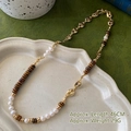 Elegant pearl and coffee bean chain necklace with tiger eye stone, 46cm length - Pearl Coffee Bean Chain Tiger Eye Necklace (XL0195)