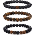 Three-piece volcanic lava and tiger eye stone bead bracelet set for men and women - Three-Piece Set