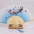 Japanese style bamboo folding fan with blue ink cherry blossoms and matching tassel - White Ribs Style 8