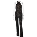 Schwarzer Neckholder-Spitzen-Jumpsuit mit offenem Rücken und Schlagbein auf weißem Grund - S / Schwarz
