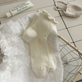Milk white cotton crew socks with ruffled edges and vertical ribbed texture design - One Size / Cream