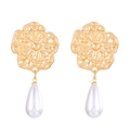 Elegant gold flower pearl earrings with vintage snowflake zircon and teardrop pearls - Floral Pearl Drop Style / KC Gold (N-402)