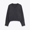 Jersey de punto para mujer con cuello en V y botones plateados en los puños - S / gris oscuro