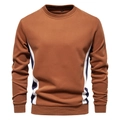 Detail of crewneck sweatshirt showing tri-color splicing and ribbed cuffs in caramel brown - S / Khaki/Earth Yellow