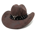 Brown western cowboy hat with vintage bull skull ornament and leather rivet band - M(56-58cm) / Tie-Dye Coffee