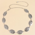 Silver retro metal waist chain with engraved oval concho patterns and adjustable link chain - Sun Relief Style / Antique Silver (19382)