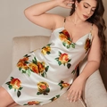 White satin slip dress with orange rose floral print and elegant cowl neckline - 1XL / Roses on White