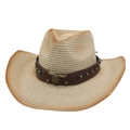 Western straw cowboy hat with vintage bull head metal ornament and brown studded leather band - Beige (Bull Head Decor)