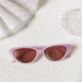 Detailed close-up of retro cat-eye sunglasses with pale pink frames and brown lenses - Jelly Purple