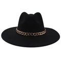 Detail view of a black wide brim fedora hat with a decorative rose gold acrylic chain link - Adult (57-60cm) / Black (Acrylic)