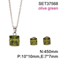 Olive green square zircon pendant necklace and stud earrings set in gold plated steel - Silver-Olive Green Stone