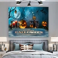 Detailed view of Halloween pumpkin tapestry hanging over a bed in a modern bedroom interior - Halloween Pumpkin Night (22WSJ008F)