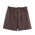 Short marron en coton et lin à taille haute froncée avec ceinture en cordon tressé - XS / Short à Cordon