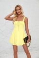 Detail of a bright yellow strapless mini dress with front drawstring and ruffled hem - Light Yellow