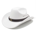 Détail d'un chapeau de cowboy en feutre blanc avec ruban en cuir et boucle tête de taureau - Blanc / M (56-58cm)