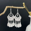 Bohemian silver drop earrings with intricate hollow carvings and teardrop tassels - Hollow Carved Multi-layer Tassel Style (E6090-12)