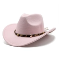 Pink wool felt cowboy hat with leopard print band and golden star buckles - M (56-58cm) / Pink