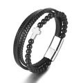 Men's multi-layer leather bracelet with silver cross charm and natural stone beads - Matte Stone + White Cross