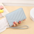 Light blue V-quilted small wallet with gold zipper and leather wrist strap - Blue