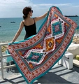 Close-up of ethnic bohemian print beach shawl with complex geometric patterns and blue border - Red Blue Yellow White Ethnic (Ethnic Geometric-3)