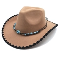 Cappello da cowboy in lana kaki con bordo nero e fascia con perline turchesi - M(56-58cm) / Cammello
