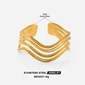 18k gold plated stainless steel cuff bracelet with multi-layer wavy geometric design - Gold Wave Texture