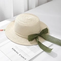 Elegant beige raffia sun hat with pearls and green ribbon on a white background - One Size / Beige Pearl Bubble Gauze