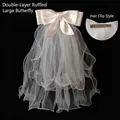 Detail of white two-layer rolled edge bridal bow hair clip with satin and tulle mesh - Large Bow Ruffled Double Layer Hair Clip (65CM)