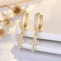 Elegant gold S925 sterling silver hoop earrings with pave zircon cross charms for women - Cross (NN377)