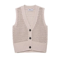 Gilet en maille avoine pour femme avec col en V boutonné et texture rétro ajourée - S / Abricot