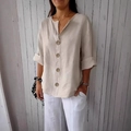 Chemisier femme en coton lin avoine clair avec col en V et boutons en bois déco - Apricot (4 Buttons)
