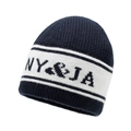 Classic navy blue knit beanie with white stripe and NY & JA lettering for winter warmth - Navy Blue