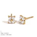 French style 14K gold plated flower pearl stud earrings with stainless steel base - 14K Gold