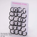 Set of multiple black 2mm thick stainless steel hoop earrings on a display card - 12 Pairs/Pack (Inner Diameter 16mm) / Black