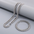 Ensemble collier et bracelet à mailles cubaines en acier inoxydable argenté de style hip hop - 9.5mm / 20cm / Acier
