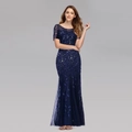 Elegant navy blue sequin evening dress with leaf embroidery and mermaid mesh silhouette - Navy Blue