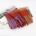 Rainbow plaid mohair scarf with orange and red tones featuring soft fringe edges - 007-Sunset Red Purple Plaid