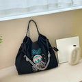 Detail of black waterproof nylon tote bag with jellyfish embroidery and rope handles - Black Jellyfish (No Strap)