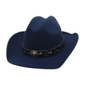 Dark blue western cowboy hat with wide brim and vintage lion head metal ornament - One Size / Navy Blue (Lion Head Emblem)