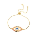 Detail van gouden evil eye armband met kleurrijke emaille ogen en verstelbare schuifsluiting - Multi-color Starburst Boze Oog Stijl (S130-3)