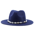 Classic navy blue straw fedora hat featuring a white shell decorative band for beach sun protection - Navy Blue