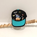 Detail of cartoon dinosaur print and 'good baby' text on kids baseball cap - Black / 52cm (2-5 Years)