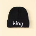 Classic black knitted beanie for kids with white 'KING' embroidery and folded cuff design - One Size / Black