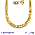 Polished gold stainless steel Cuban link necklace for men 15mm width 600mm length - Gold Cuban Link Necklace Lobster Clasp 600x15mm(KN93839-Z)