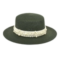 Vue détaillée d'un chapeau de paille sombre avec d'élégantes décorations en perles blanches - M (56-58cm) / Vert Foncé